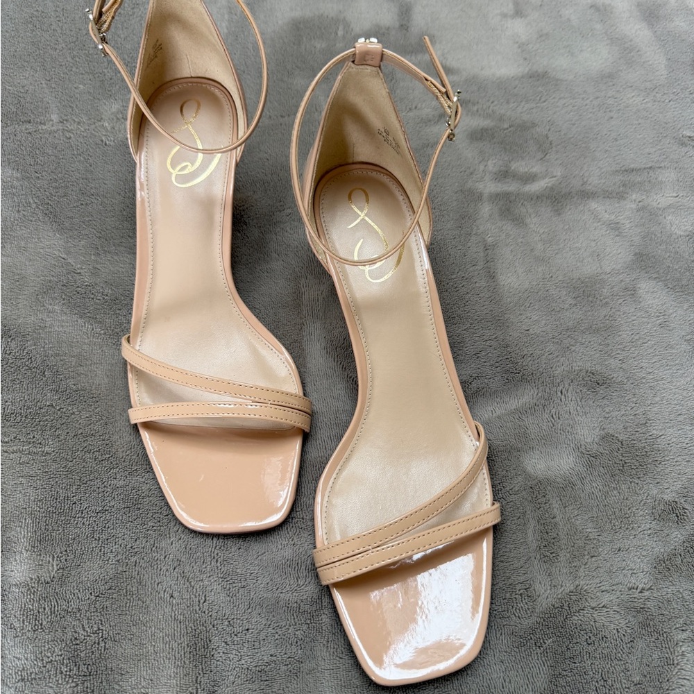Sam Edelman Nude Patent Ankle-Strap Block Sandals